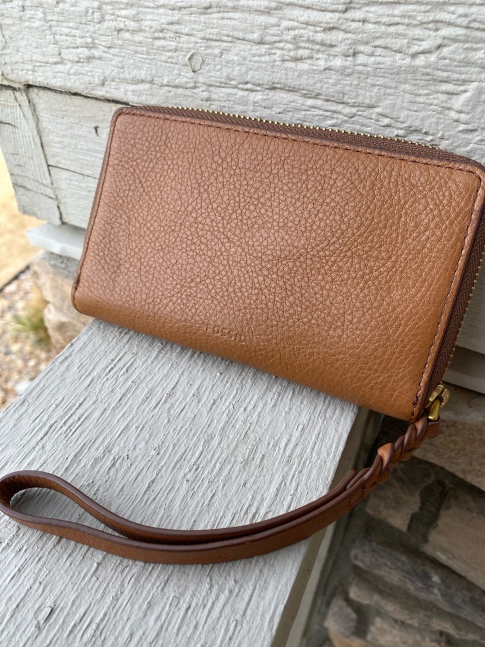 Fossil Tan Pebbled Leather Zip Wristlet Wallet
